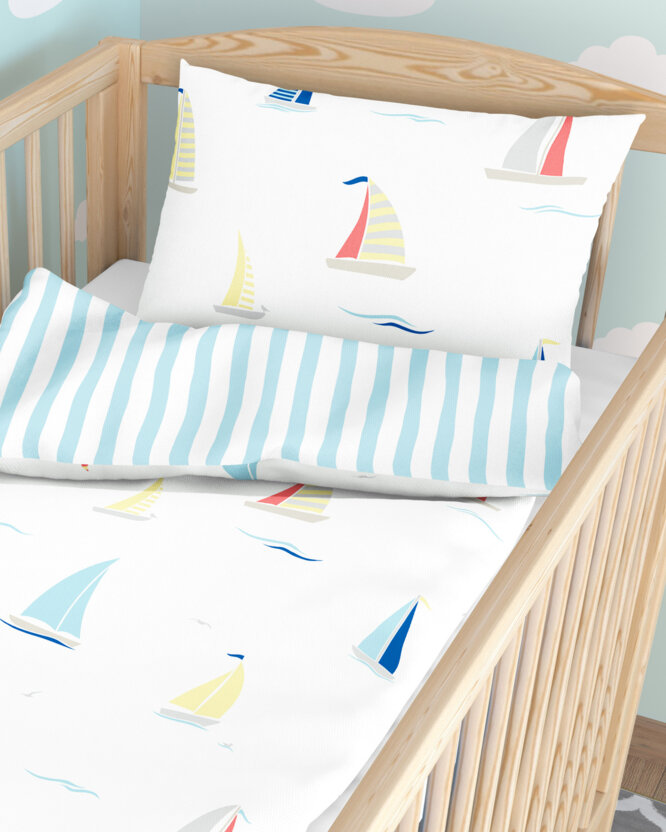 Bettwäsche für Babybetten aus Baumwolle - Segelboote mit blauen Streifen