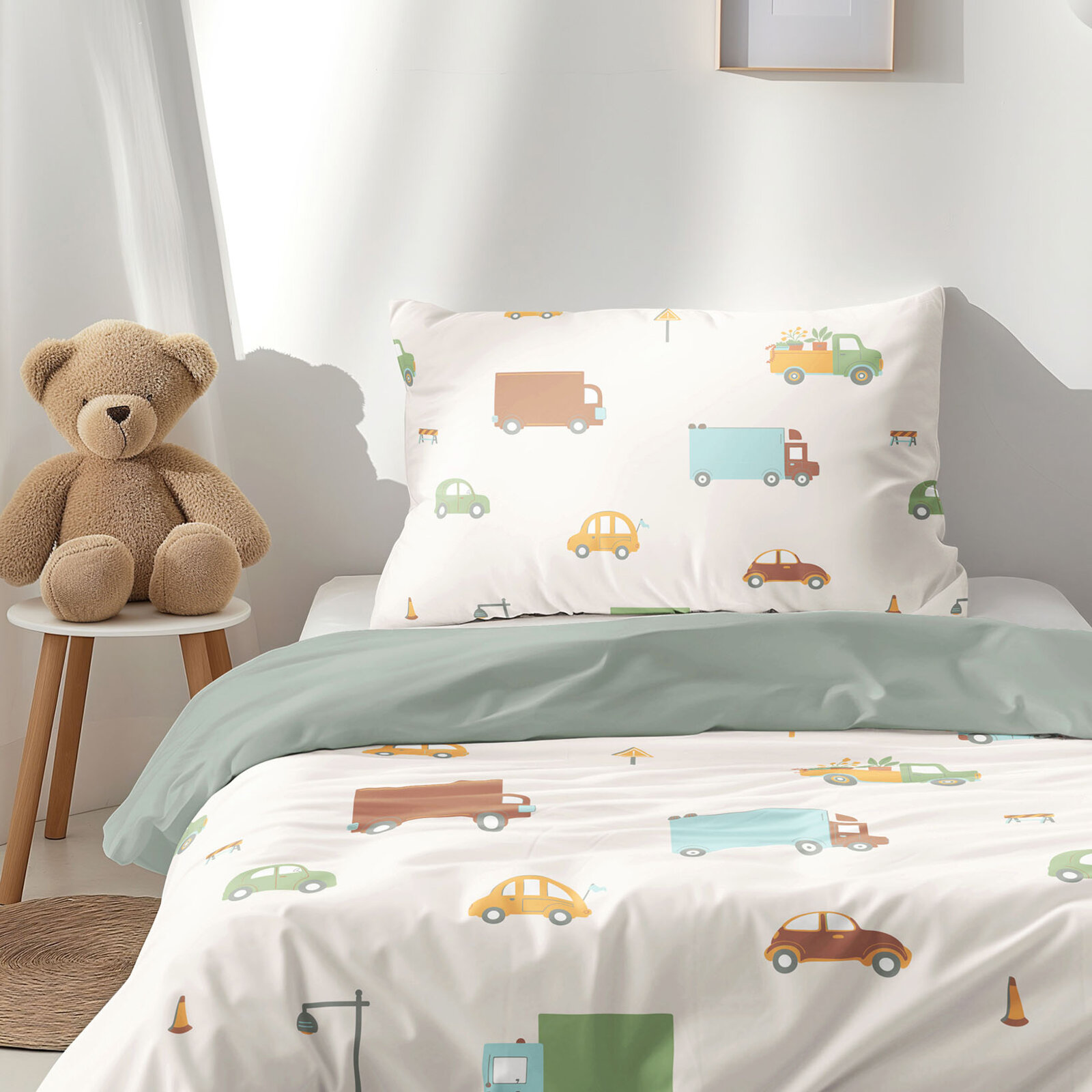 Kinder-Bettwäsche aus Baumwolle Duo - Welt der Autos mit Salbeigrün