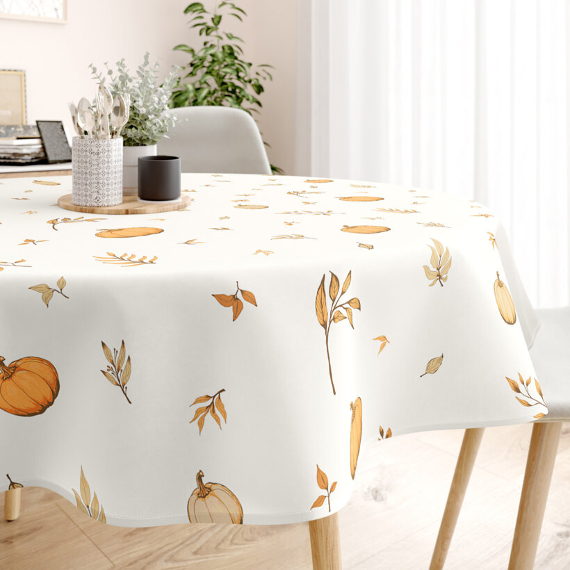 Runde Tischdecke 100% Baumwolle - Herbstkürbisse und Blätter