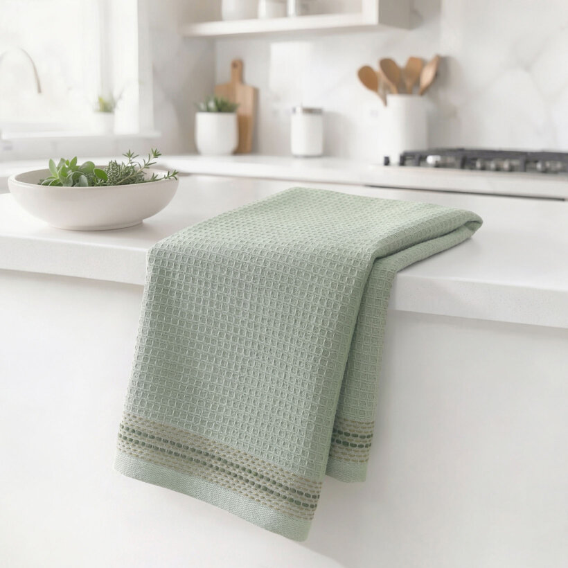 Waffel-Geschirrtuch mit Bordüre – salbeigrün