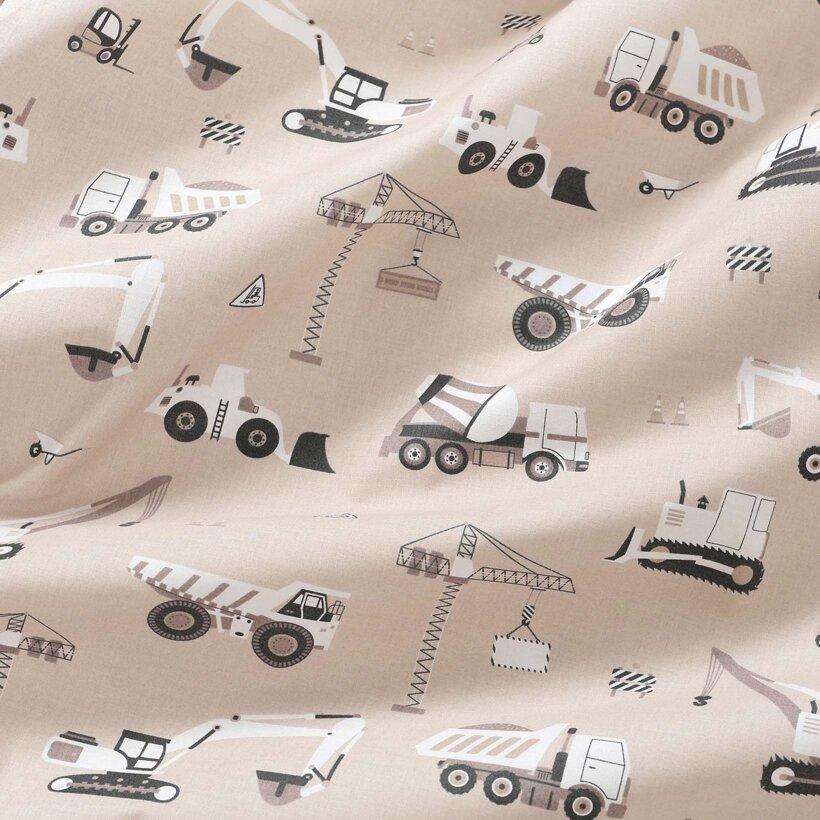 Spannbetttuch aus Baumwolle für Babybetten - Lastwagen und Bagger auf Beige