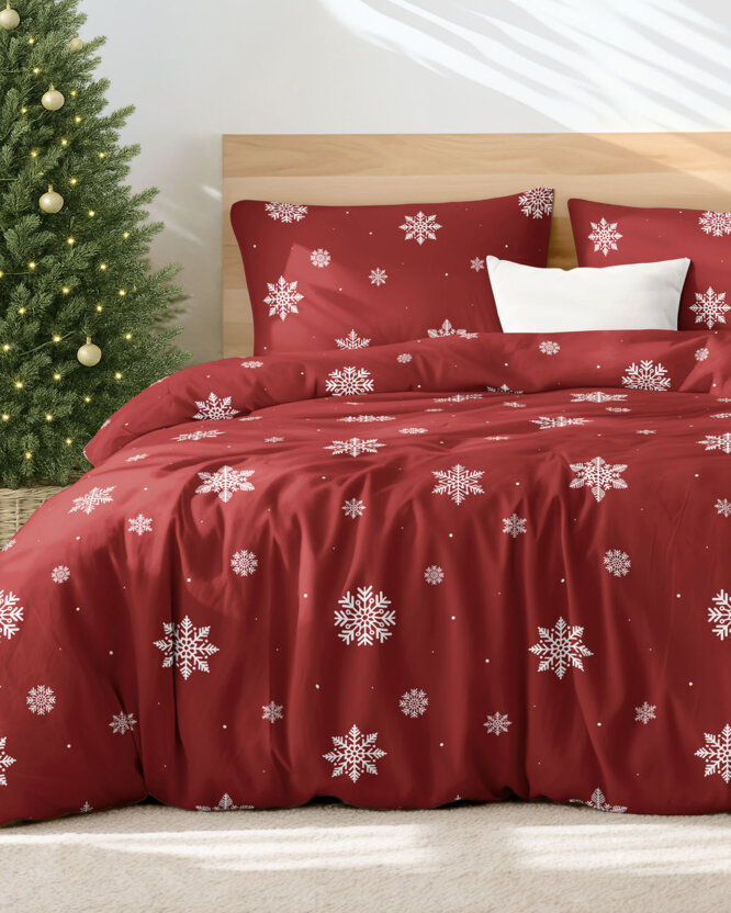Weihnachtlich Bettwäsche aus Baumwolle - Schneeflocken auf Rot