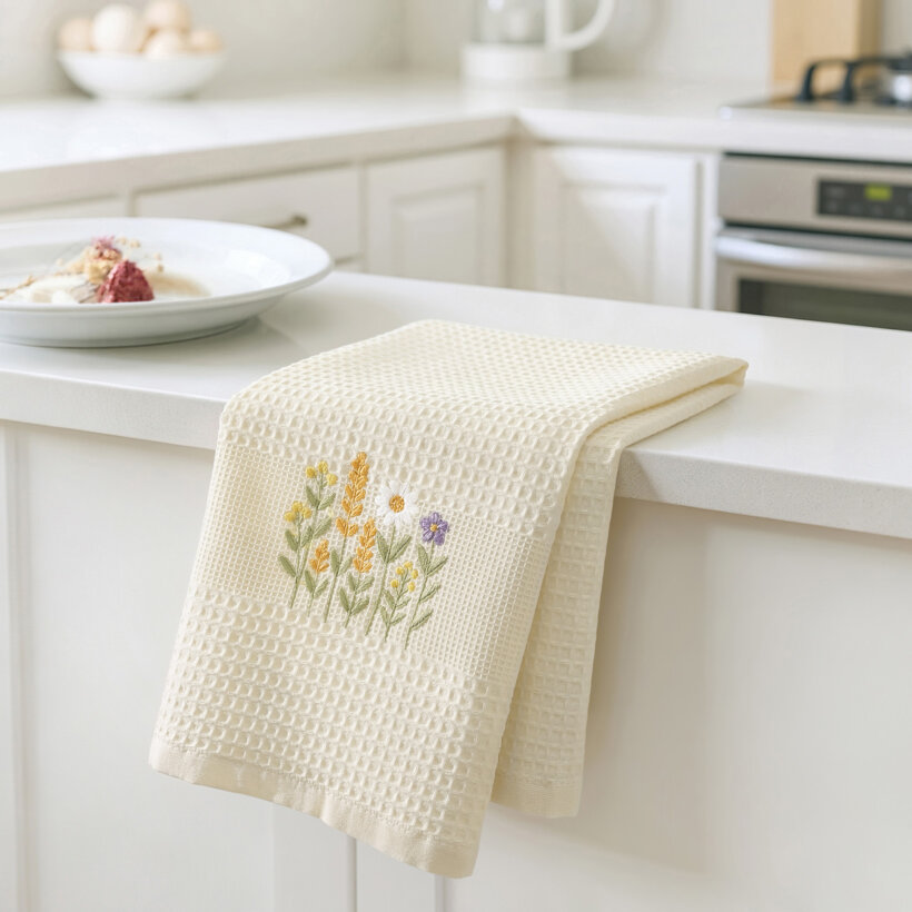 Waffel-Geschirrtuch mit Stickerei - Blumenwiese auf Creme