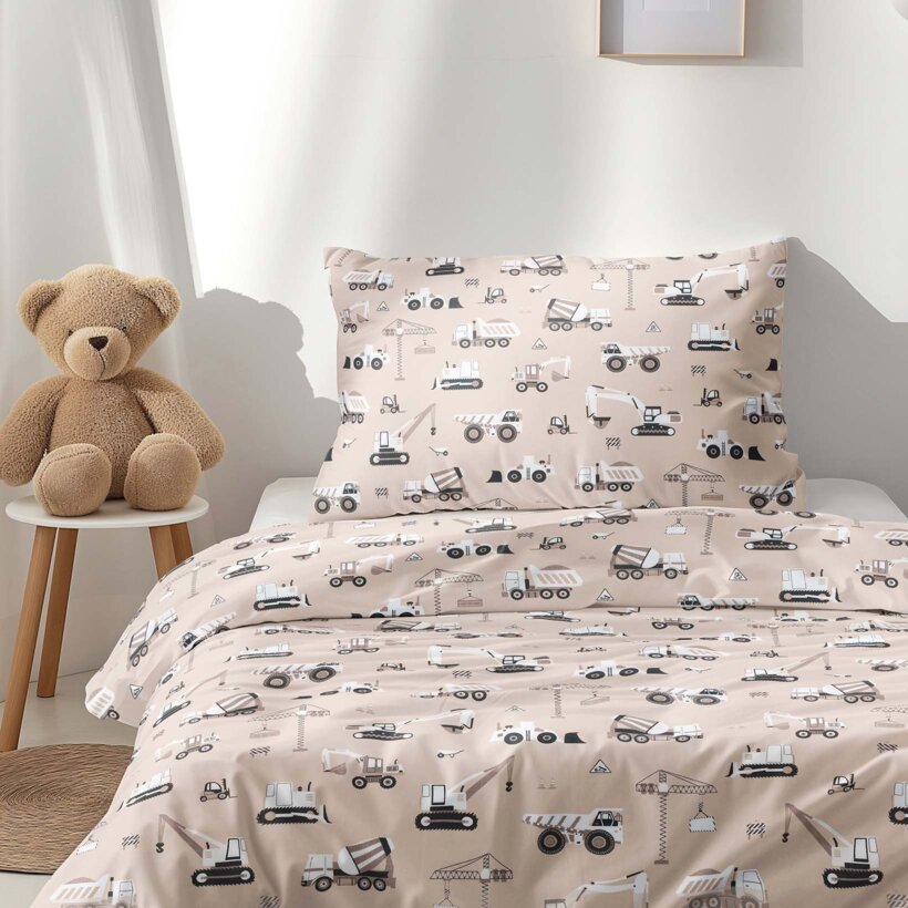 Kinder - Bettwäsche aus Baumwolle - Lastwagen und Bagger auf Beige