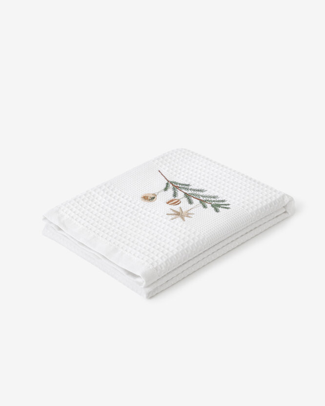 Waffel-Geschirrtuch mit Weihnachtsstickerei - Kugeln am Zweig auf Weiß