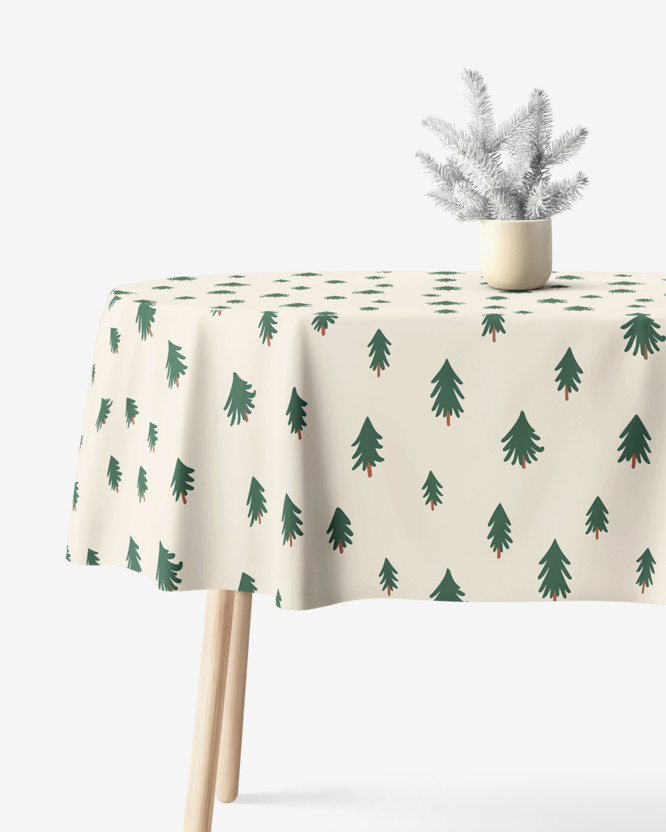 Weihnachtliche ovale Tischdecke aus festem Baumwollköper - Bäumchen auf natur