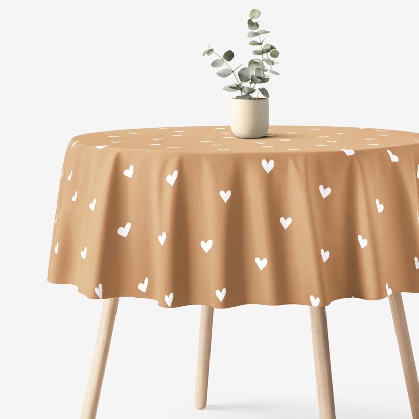 Runde Tischdecke 100% Baumwolle - Herzchen auf Herbstbraun