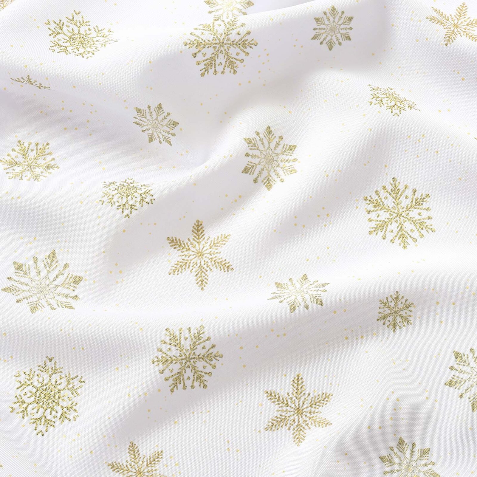 Weihnachtlicher Teflonstoff für Tischdecken – Goldene Schneeflocken