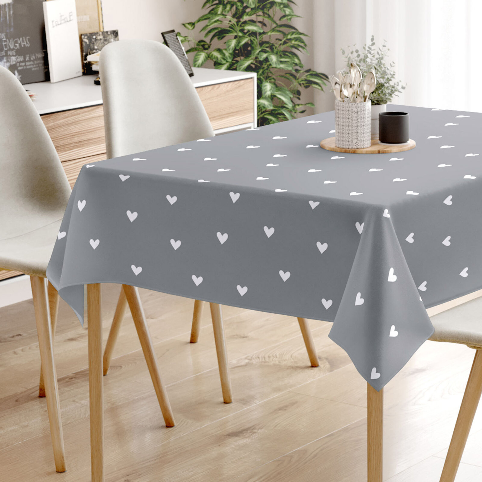 Eckige Tischdecke 100% Baumwolle - Herzchen auf Grau