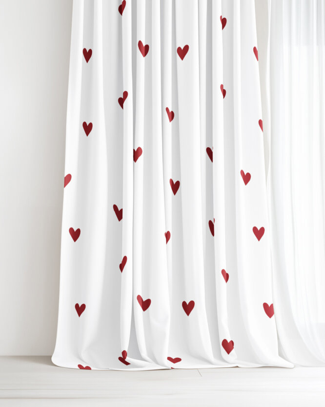 Vorhang aus Baumwolle - Rote Herzchen auf Weiß