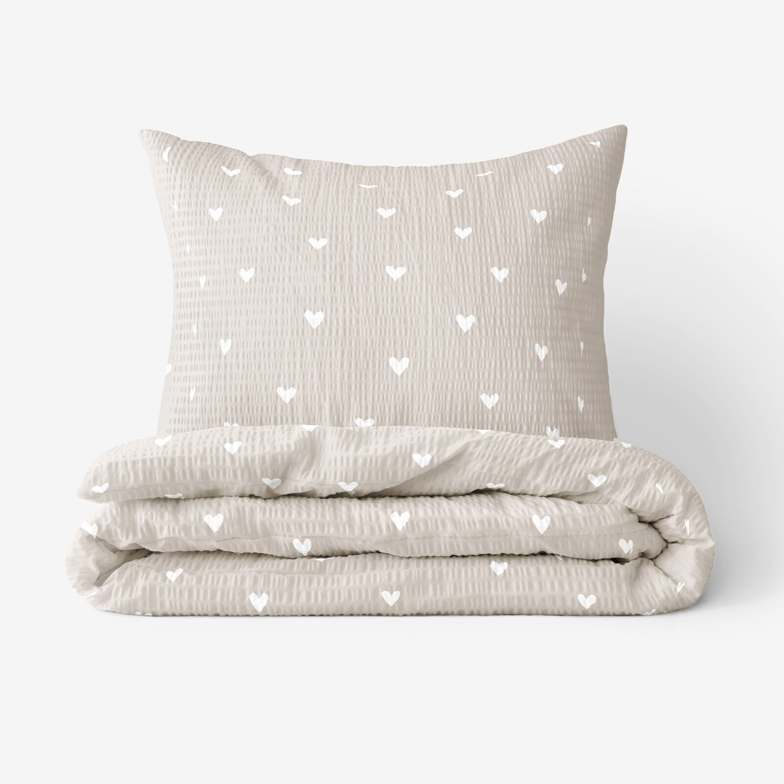 Seersucker Bettwäsche - weiße Herzchen auf latte