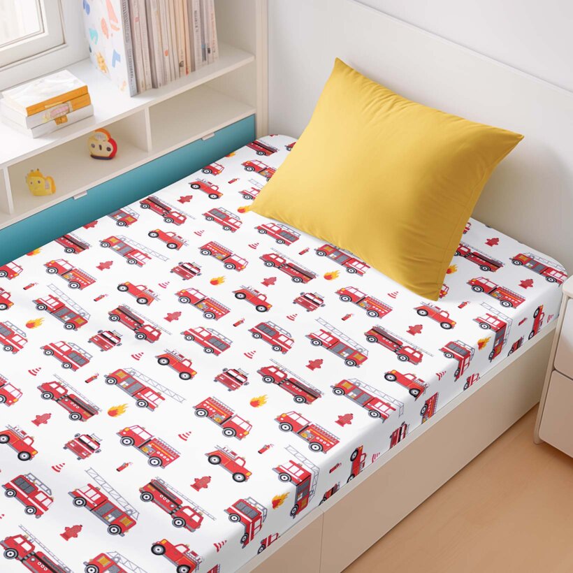Kinder-Spannbetttuch aus Baumwolle - Feuerwehrfahrzeuge