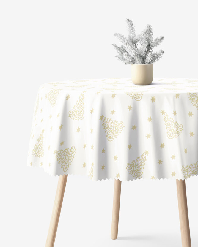 Runde Weihnachts Teflon-Tischdecke - Goldene Tannenbäume und Sterne