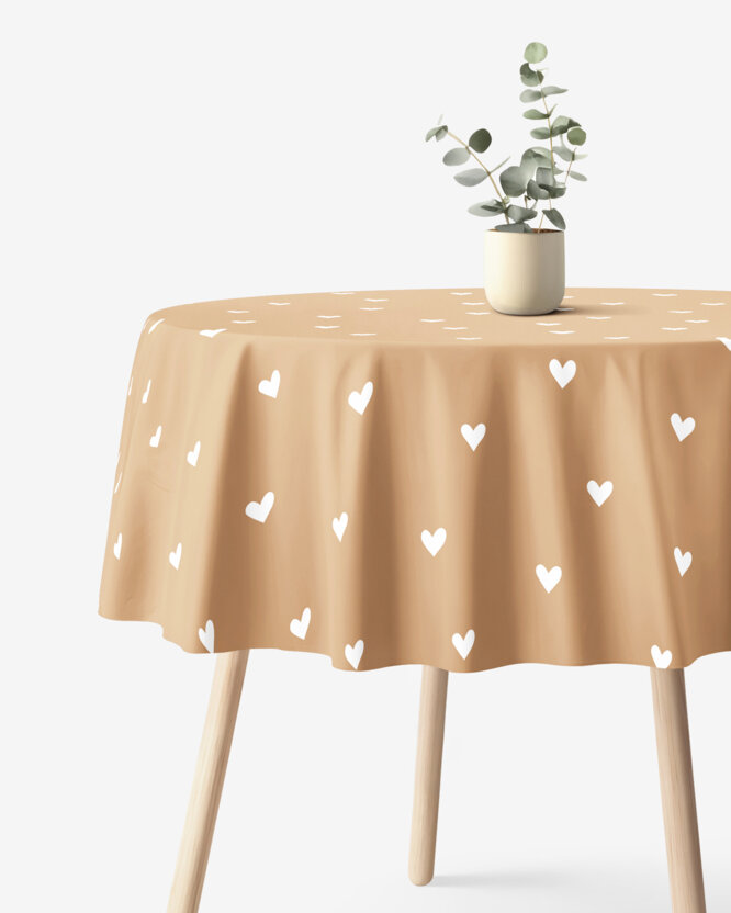 Runde Tischdecke 100% Baumwolle - Herzchen auf Herbstbraun