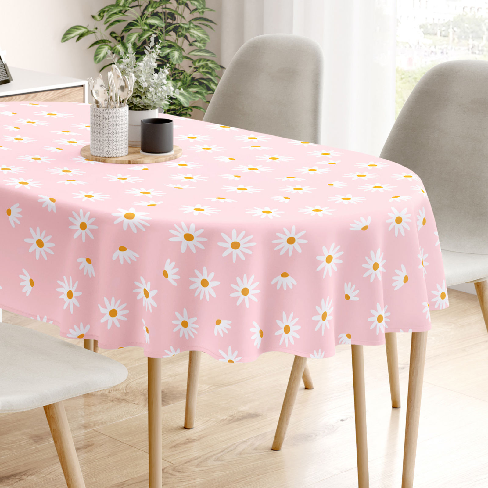 Ovale Tischdecke aus 100% Baumwolle - Margerite Blumen