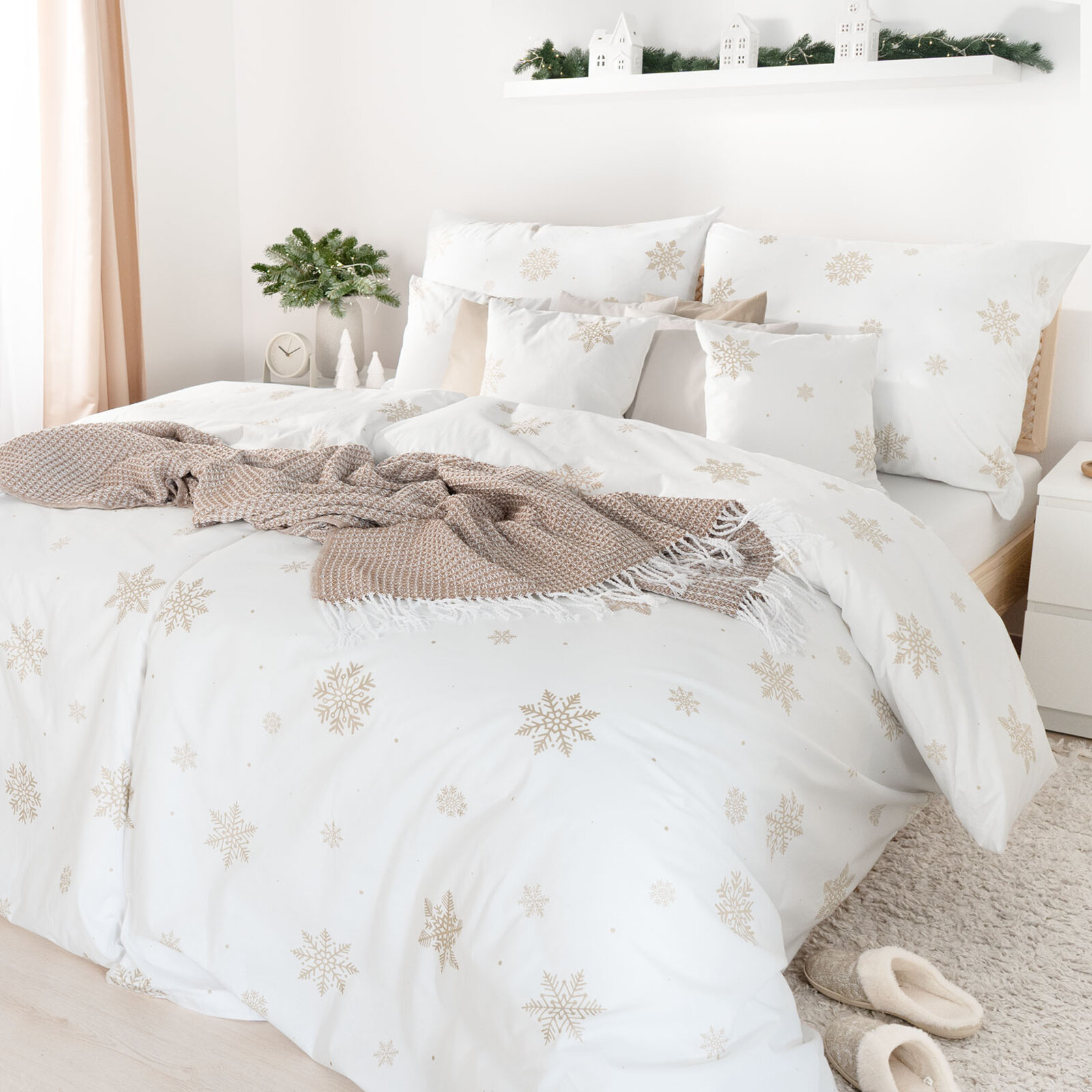 Weihnachtlich Bettwäsche aus Baumwolle - Schneeflocken auf Weiß