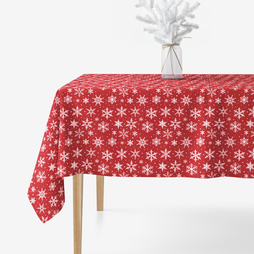 Weihnachtliche eckige Tischdecke Valencia - Weiße Flocken auf Rot