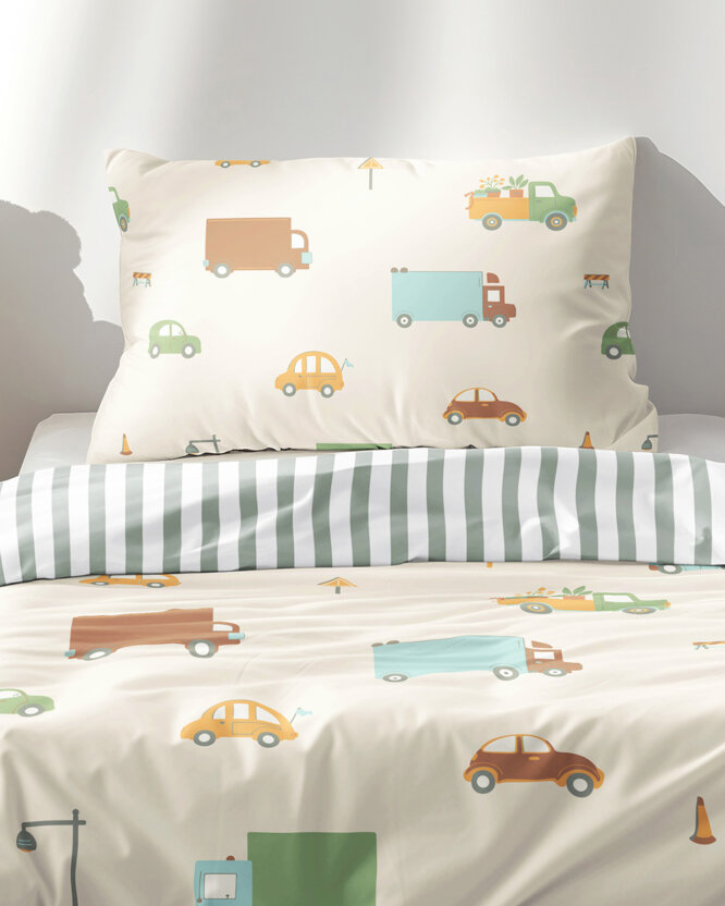 Kinder-Bettwäsche aus Baumwolle - Welt der Autos mit salbeigrüne Streifen