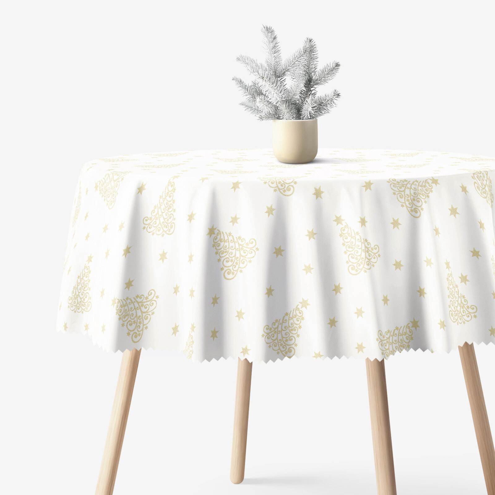Runde Weihnachts Teflon-Tischdecke - Goldene Tannenbäume und Sterne