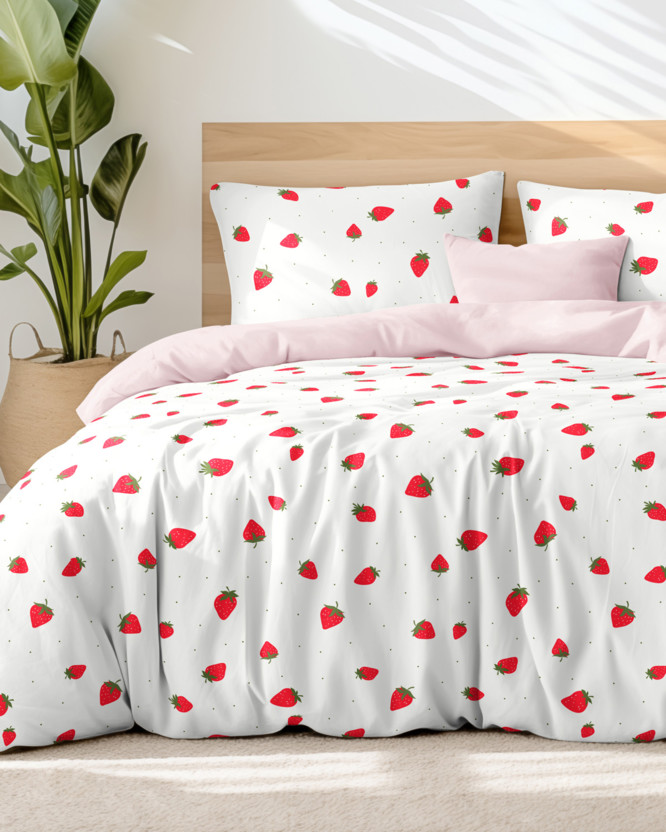 Bettwäsche aus Baumwolle Duo - frische Erdbeeren mit Puderrosa