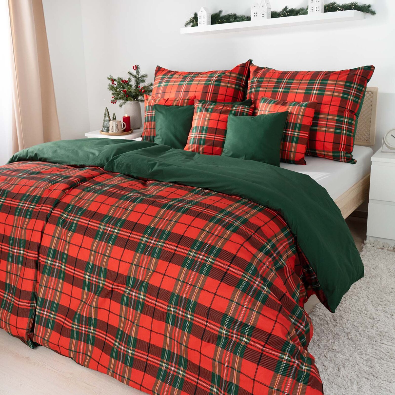 Weihnachtlich Bettwäsche aus Baumwolle Duo - rotes Karo mit Dunkelgrün