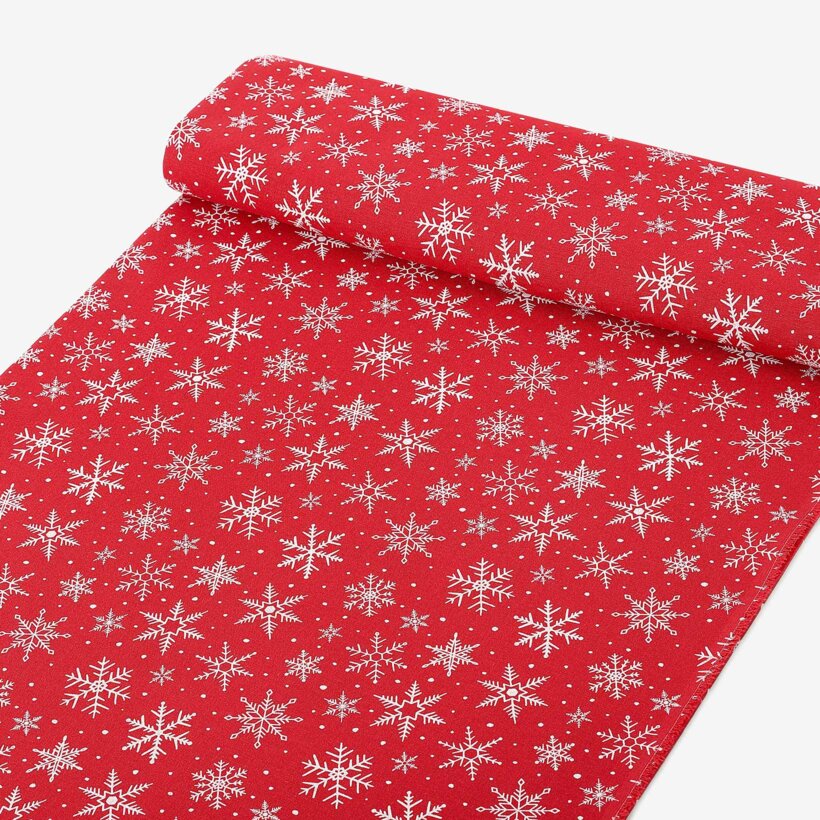 Dekorativer Stoff Valencia - Weihnachtssterne auf rotem Hintergrund