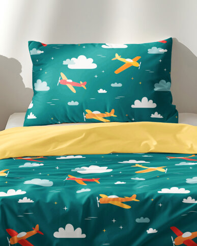 Kinder-Bettwäsche aus Baumwolle Duo - Abenteuer in der Luft mit gelb