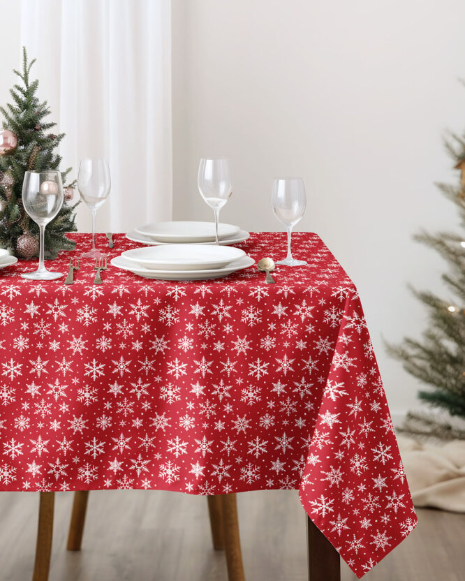 Weihnachtliche eckige Tischdecke Valencia - Weiße Flocken auf Rot