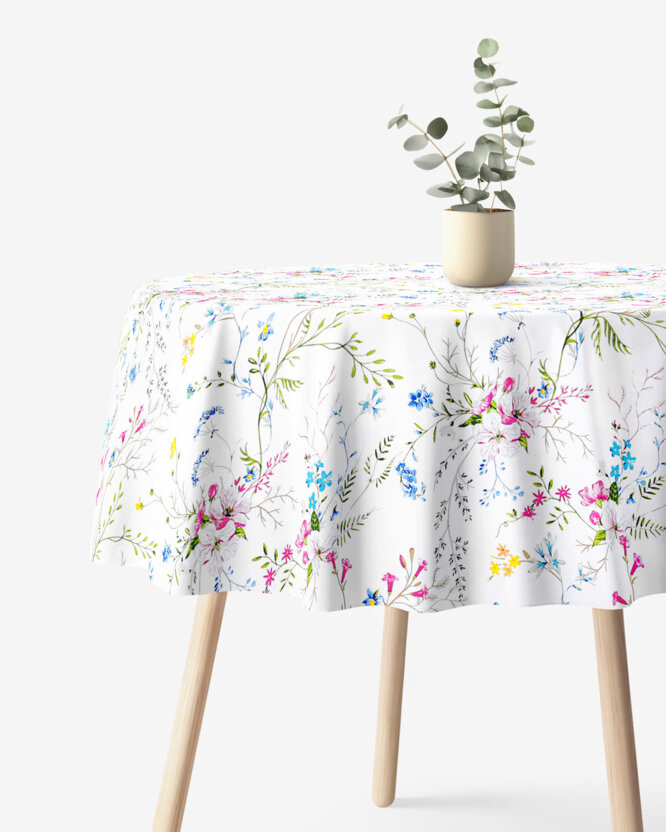 Runde Tischdecke 100% Baumwolle - Gemalte Wiesenblumen