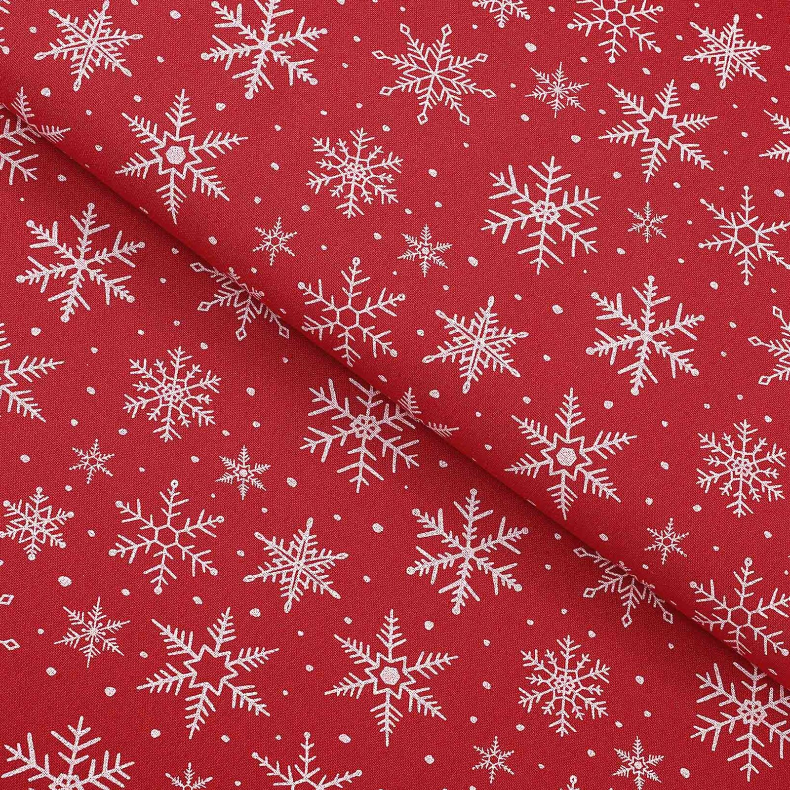 Weihnachtsstoff Valencia - Weiße Flocken auf Rot