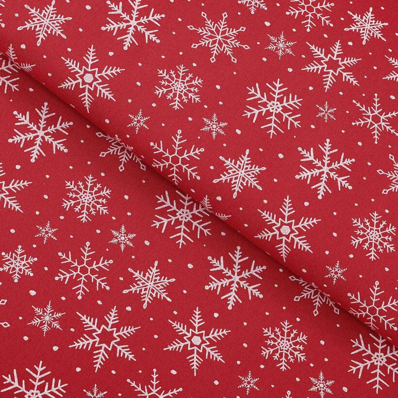 Weihnachtsstoff Valencia - Weiße Flocken auf Rot