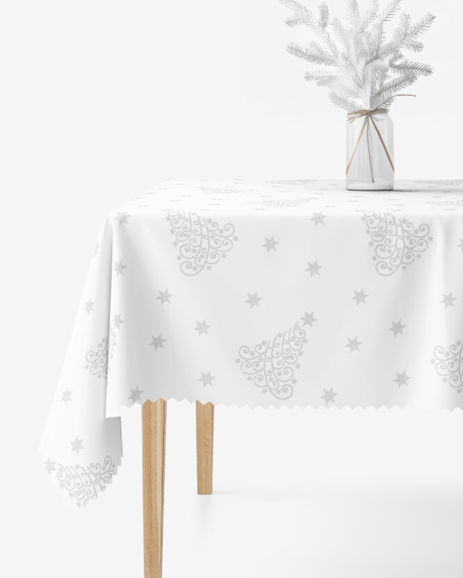 Weihnachtliche eckige Teflon-Tischdecke - Silberne Tannenbäume und Sterne