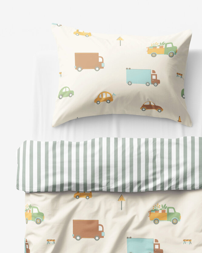 Kinder-Bettwäsche aus Baumwolle - Welt der Autos mit salbeigrüne Streifen