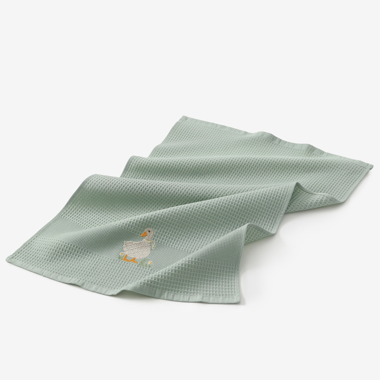 Ostern Waffel-Geschirrtuch mit Stickerei - Ente auf Salbeigrün