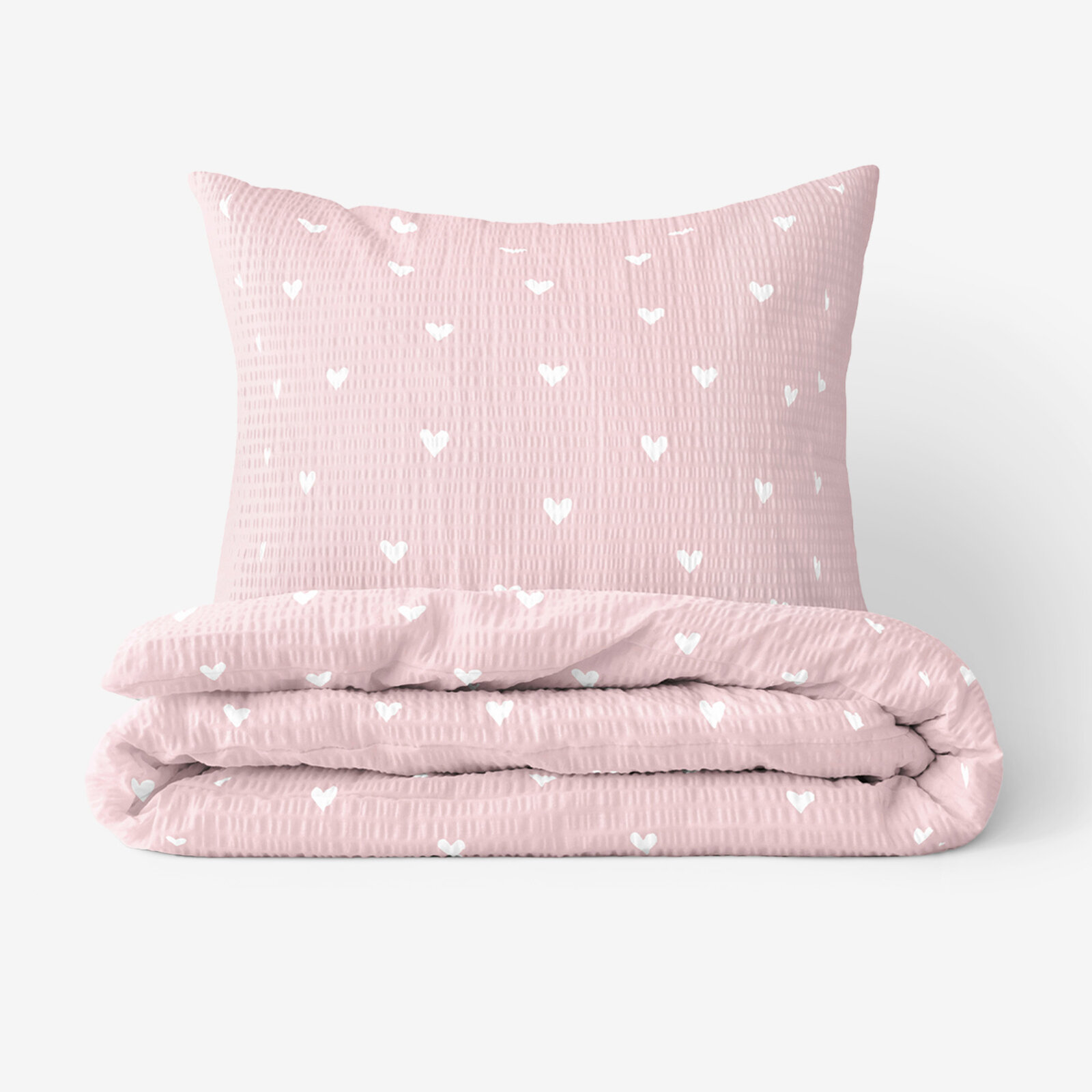 Seersucker Bettwäsche - weiße Herzchen auf Puderrosa