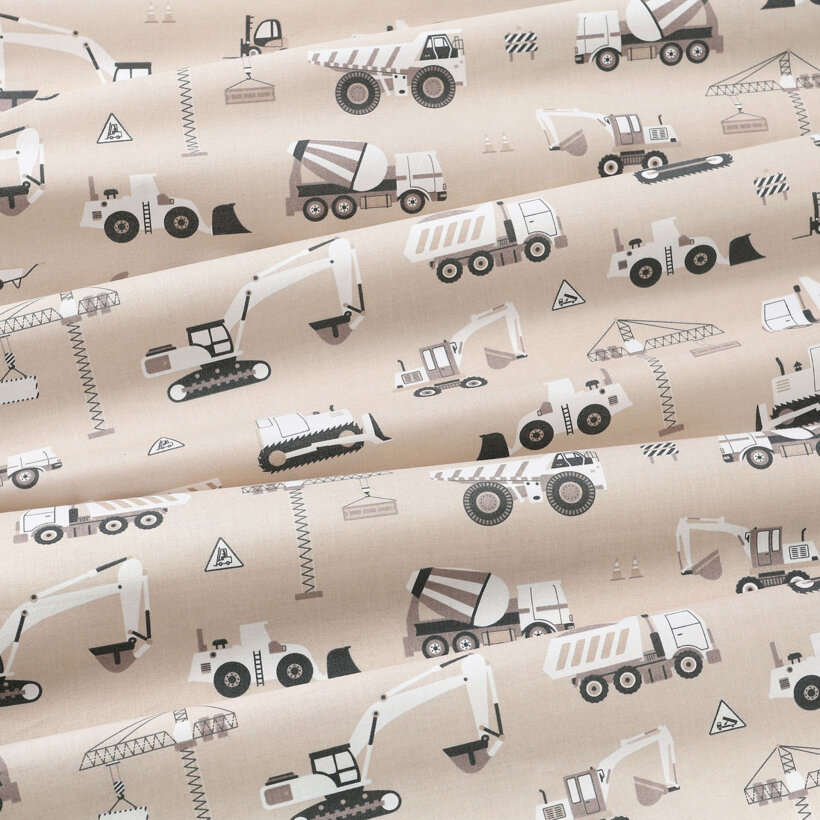 Baumwollstoff - Lastwagen und Bagger auf Beige