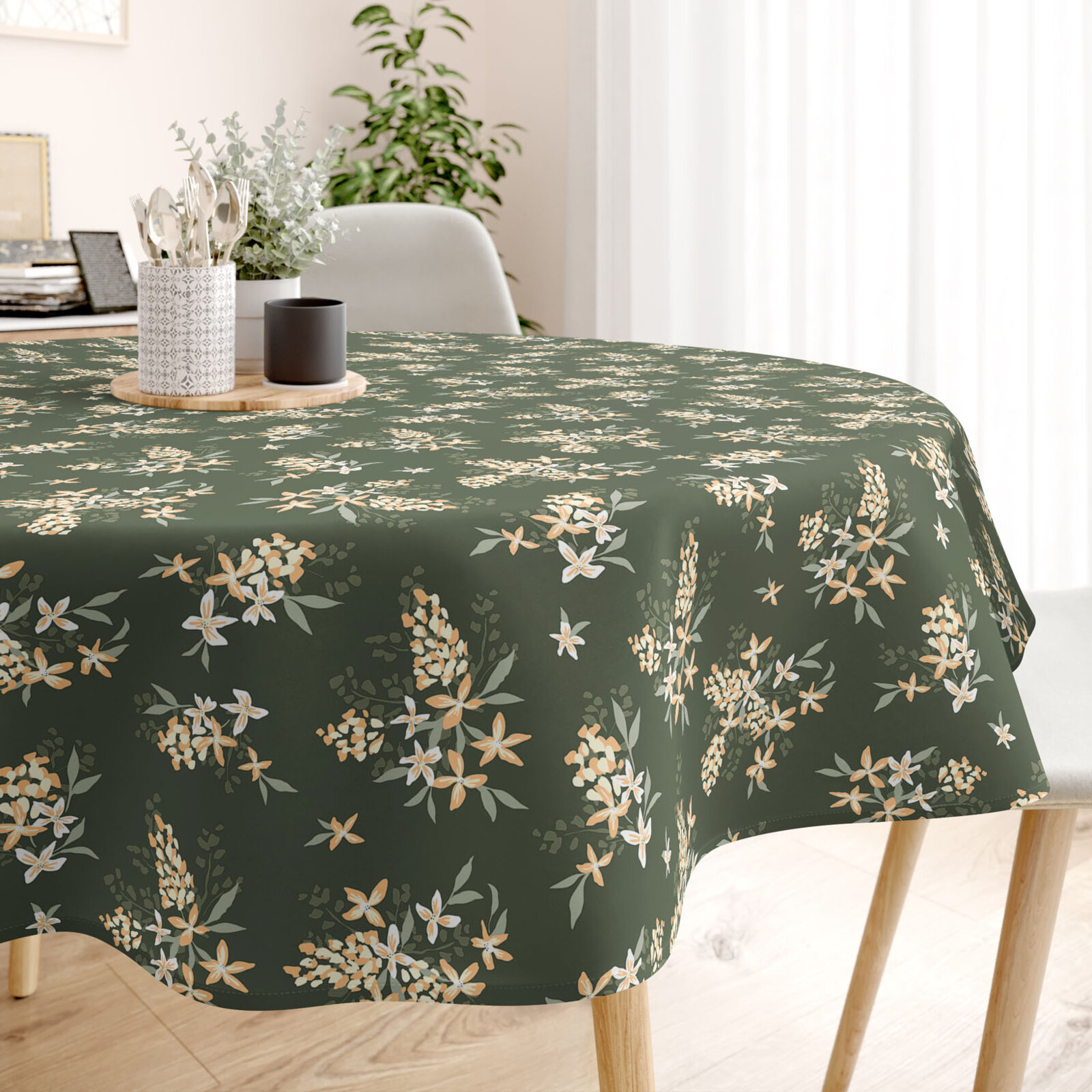 Runde Tischdecke 100% Baumwolle - apricotfarbene Blumen