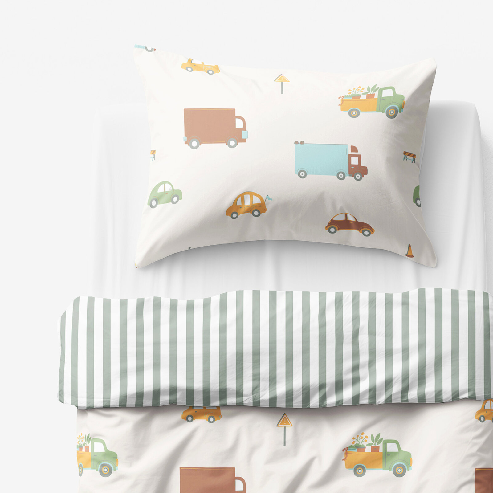 Kinder-Bettwäsche aus Baumwolle - Welt der Autos mit salbeigrüne Streifen
