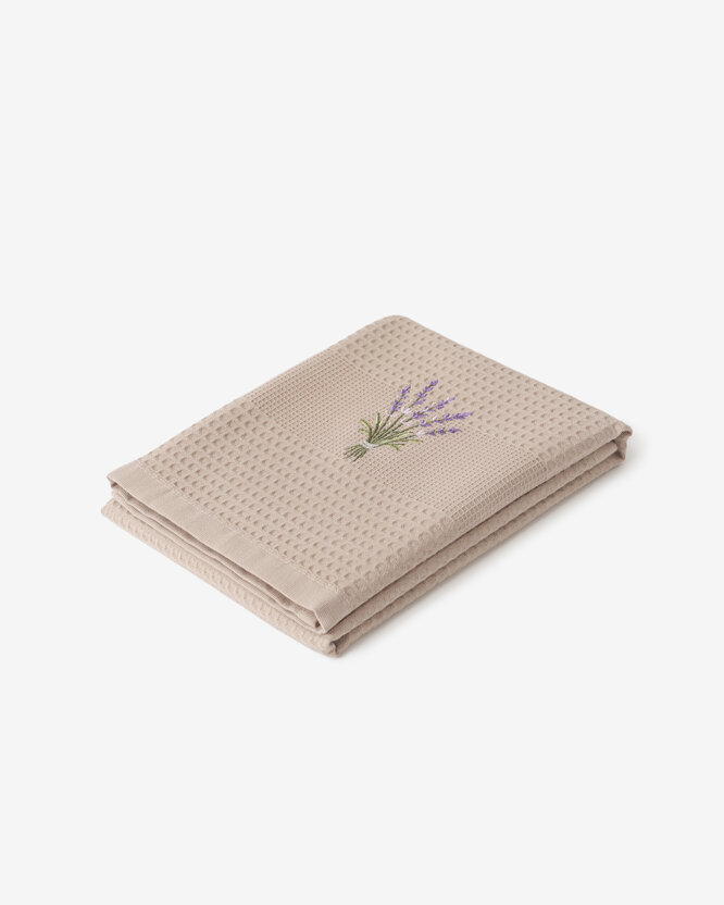 Waffel-Geschirrtuch mit Stickerei - Lavendel auf Braun