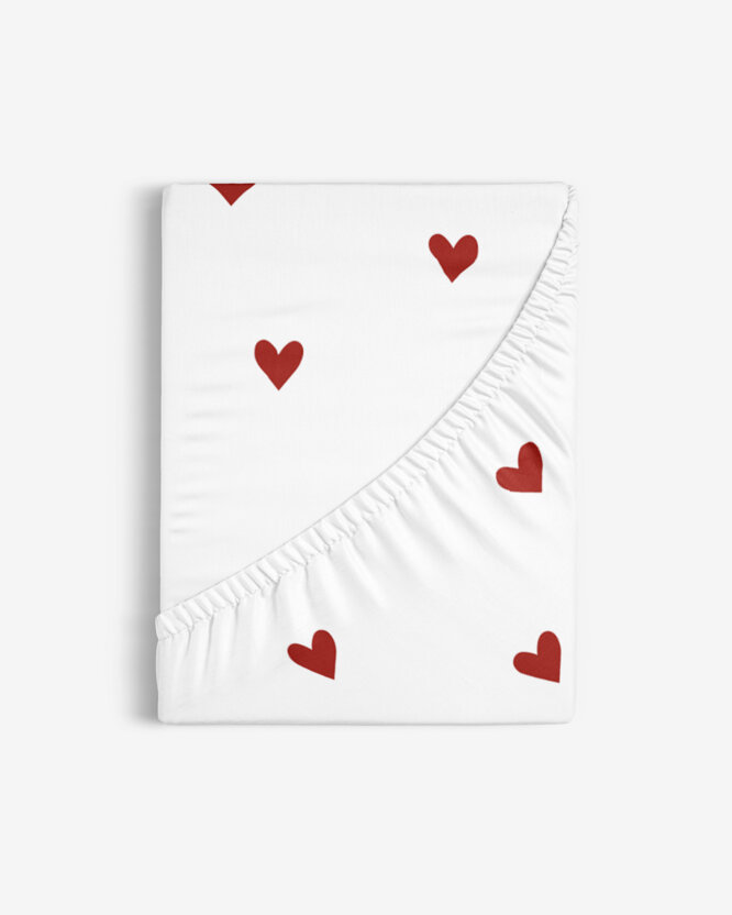Spannbettlaken aus Baumwolle - Rote Herzchen auf Weiß