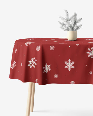 Ovale Weihnachts-Tischdecke aus 100% Baumwolle - Schneeflocken auf Rot