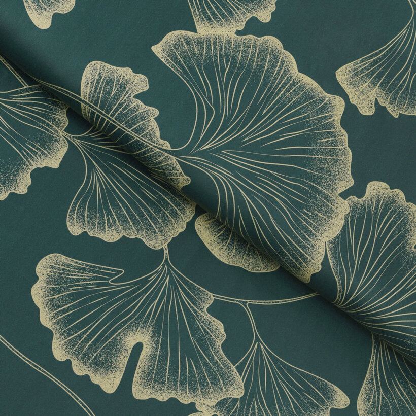 Mako-Satin - Ginkgoblätter auf Dunkelgrün