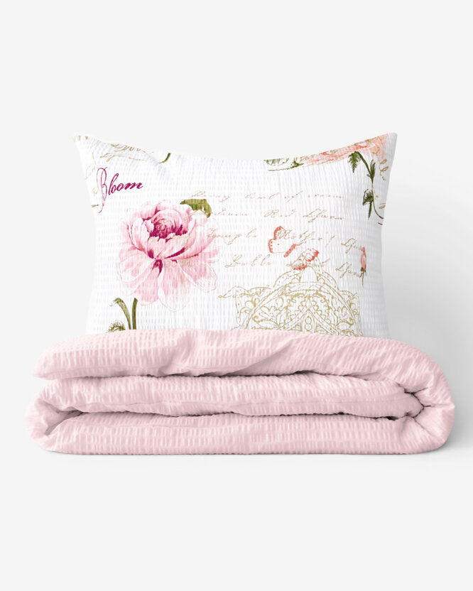 Seersucker Bettwäsche Duo - Pfingstrosen und Schriftzügen mit Puderrosa