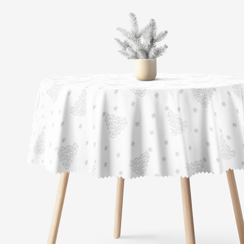 Runde Weihnachts Teflon-Tischdecke - Silberne Tannenbäume und Sterne