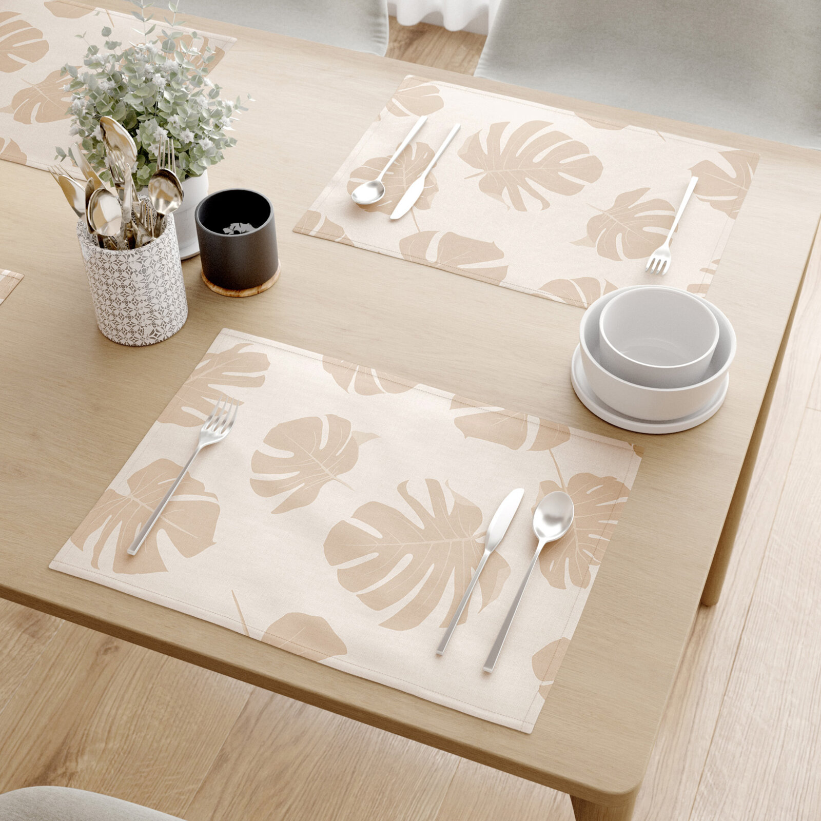 Tischset 100% Baumwolle - Tropische Blätter auf Beige - 2 Stück