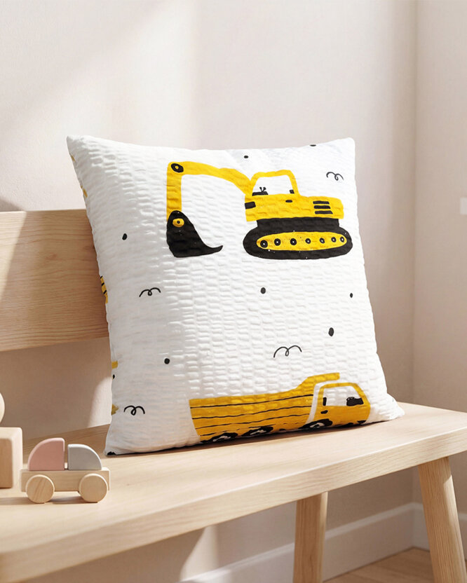 Kinder-Seersucker-Kissenbezug - Bagger und Baufahrzeuge