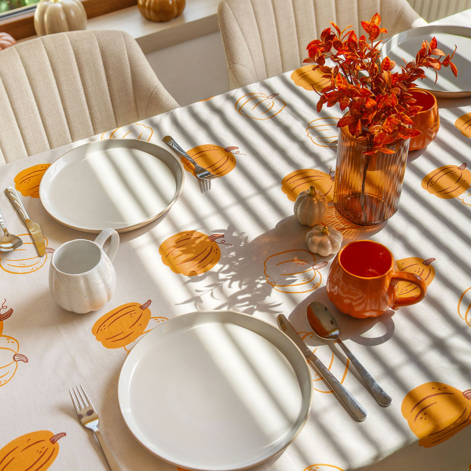 Eckige  Tischdecke 100% Baumwolle - Herbstkürbis