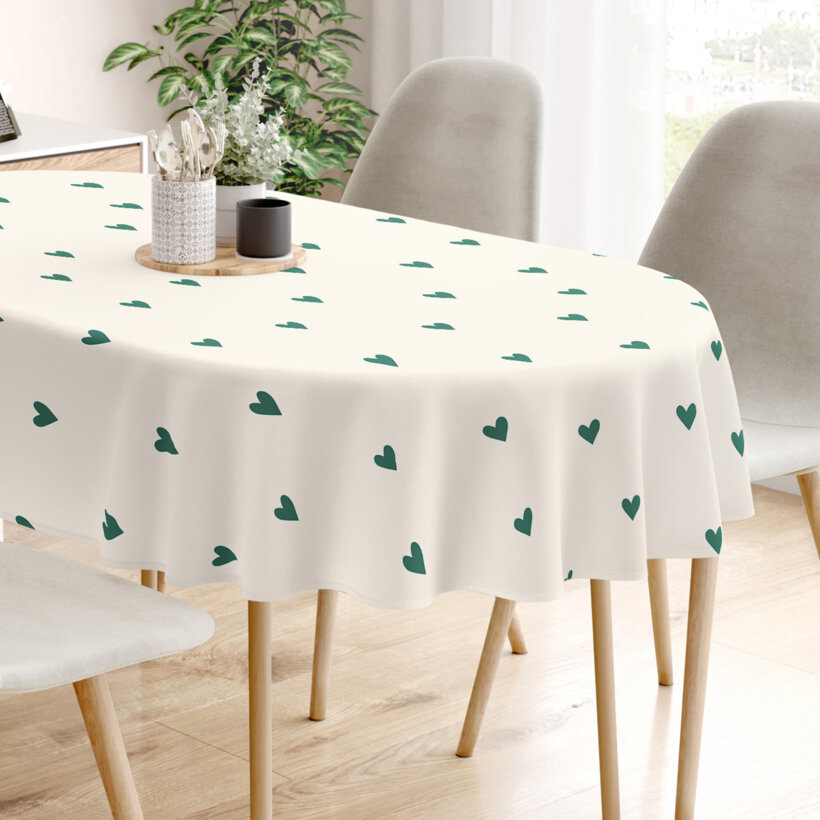 Ovale Tischdecke aus 100% Baumwolle - Herzchen auf Elfenbein