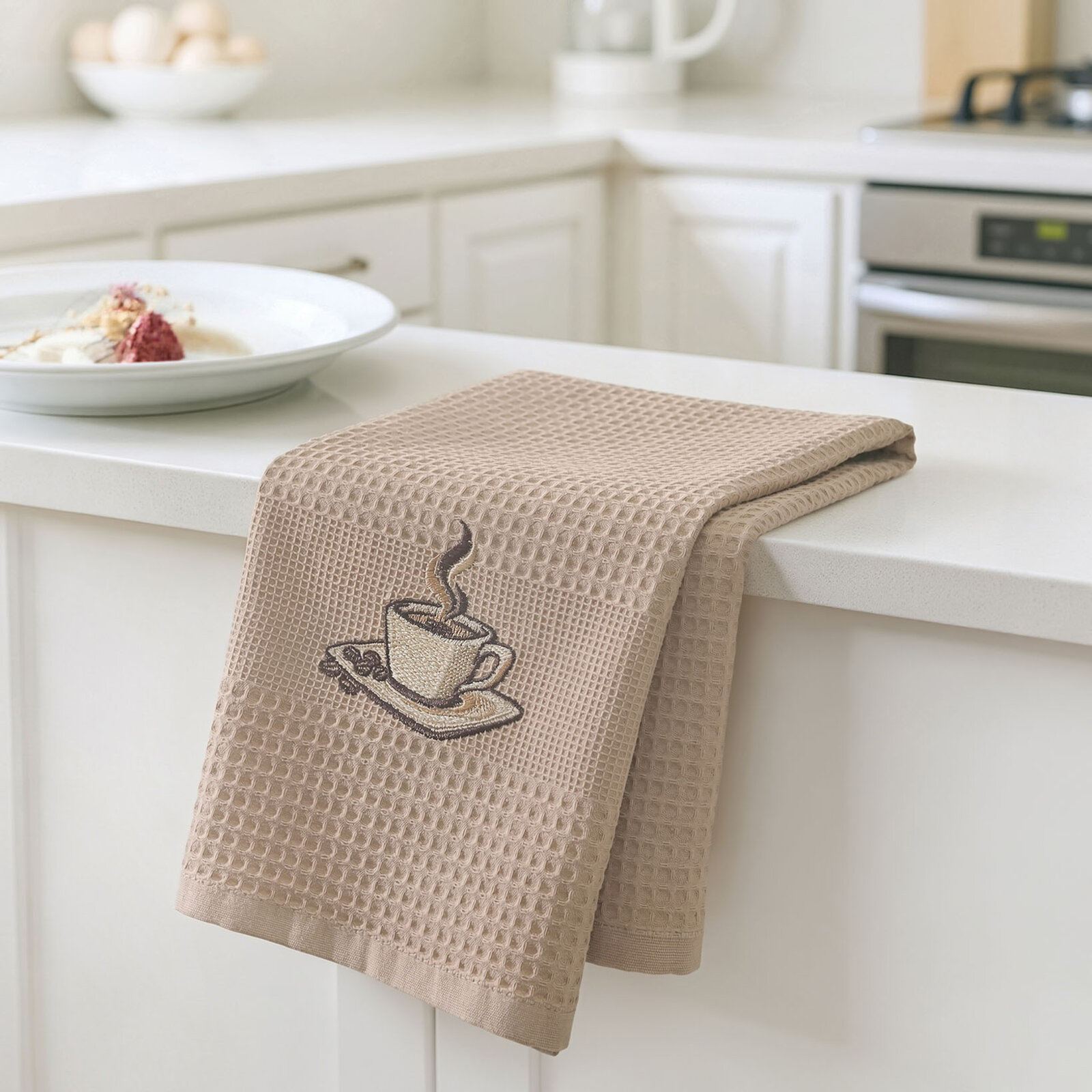 Waffel-Geschirrtuch mit Stickerei - Kaffee auf Braun