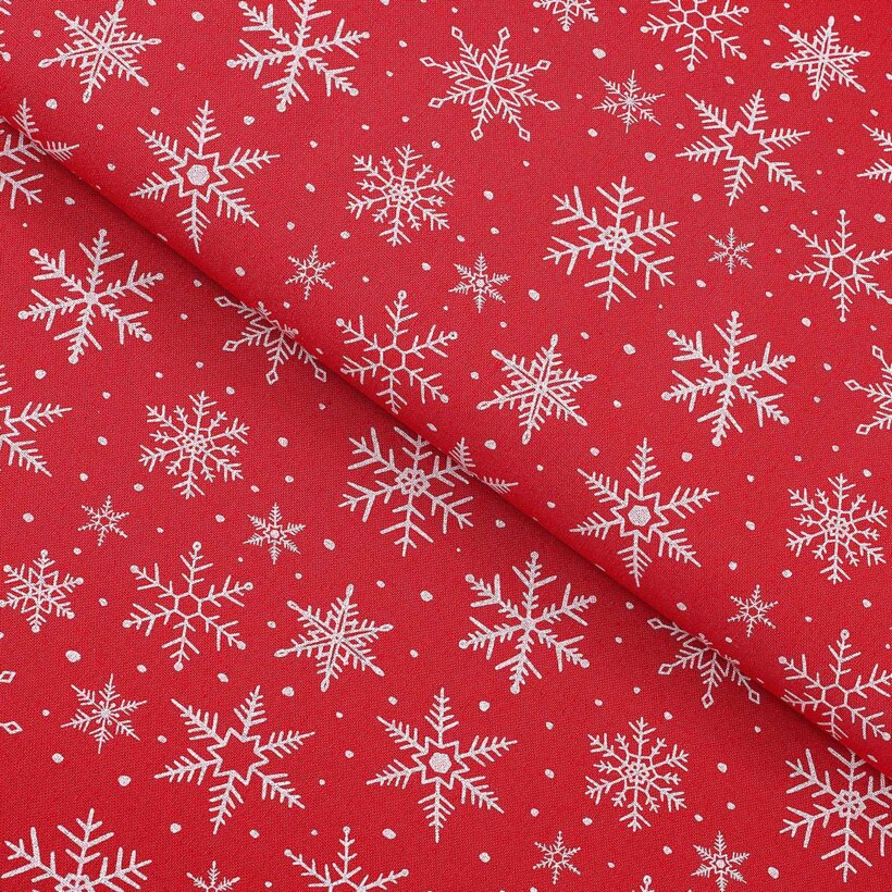 Dekorativer Stoff Valencia - Weihnachtssterne auf rotem Hintergrund